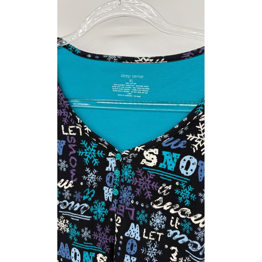 Sleep Sense Let It Snow Pajama Top XL Black Cotton Henley Holiday Christmas